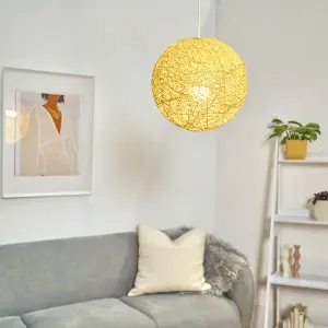 ValueLights Bjorn Modern Cream Lattice Wicker Rattan Globe Ball Style Ceiling Pendant Light Lampshade