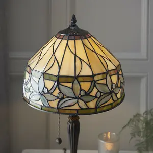 Small Tiffany Glass LED Table Lamp - Floral Border Design - Dark Bronze Finish