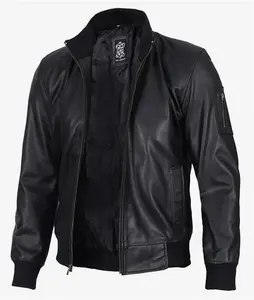 Mens Black Leather Bomber Jacket