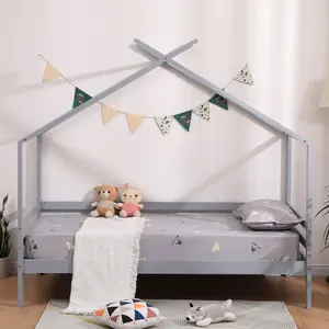 Teddy Kids Childrens Wooden House Treehouse Single Bed Frame (Grey)