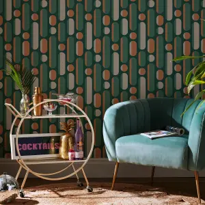 Envy Morse Bottle Tange Green Rust & Green Geometric Wallpaper