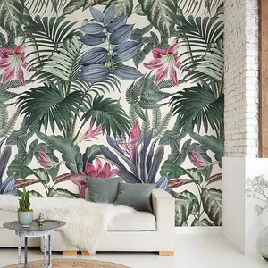 Grandeco Delicate Jungle Botanical XXL Leaves & Flowers Green & Pink 3 Lane Repeatable Wallpaper Mural 159 x 280cm