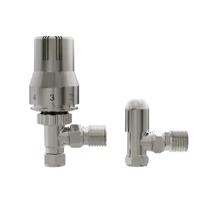 Right Radiators Satin Nickel Angled TRV Thermostatic Radiator Valve and lockshield Valve 15mm x 1/2"