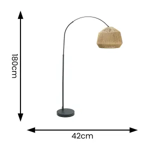 ValueLights Louis Black Arched Curved Floor Lamp with Natural Rope Dome Lamp Shade and LED Bulb