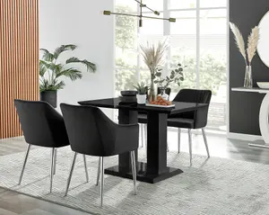 Furniturebox Imperia 4 Modern Black High Gloss Dining Table & 4 Black Calla Silver Leg Chairs