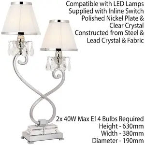 Esher Luxury Twin Table Lamp Nickel Crystal White Shade Traditional Bulb Holder