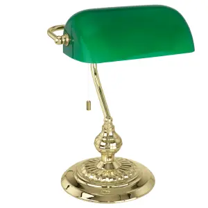 EGLO Banker Green And Brass Metal And Glass Bankers Table Lamp, (L) 27.5cm