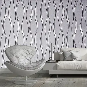 Light Grey Non Woven Patterned Wallpaper, Wavy Striped Wallpaper Roll 5m² Coverage, 950cm L x 53cm W