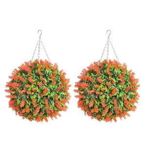 Pair of Best Artificial 38cm Orange Lush Lavender Hanging Basket Flower Topiary Ball - Weather & Fade Resistant