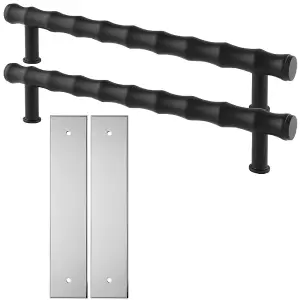 2 PACK - Pull Handle & Contrasting Backplate Set - Modern Bamboo T Bar - Matt Black & Chrome