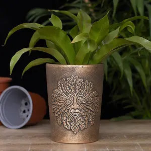 Antique Bronze Effect Terracotta Plant Pot - Green Man