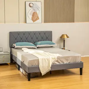 HOMCOM Double Bed Frame with 5-Level Adjustable Linen Headboard