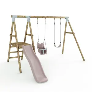 Limited Edition Rebo Double Wooden Swing Set with Slide - Odyssey - Pastel Pink