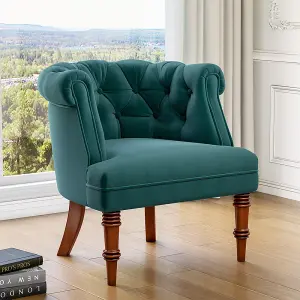 Dark Green Velvet Upholstered Buttoned Accent Tub Chair with Wooden Legs