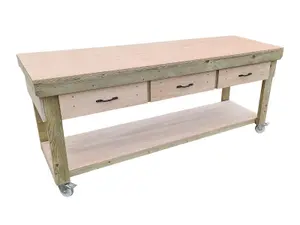 Wooden Eucalyptus hardwood top workbench, tool cabinet with drawers (V.1) (H-90cm, D-70cm, L-210cm) with wheels