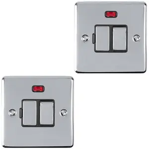 2 PACK 13A DP Switched Fuse Spur & Neon POLISHED CHROME & BLACK Mains Isolation