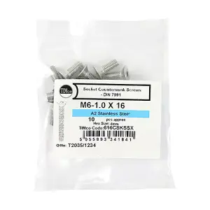 Timco - Socket Screws - Countersunk - A2 Stainless Steel (Size M6 x 16 - 10 Pieces)