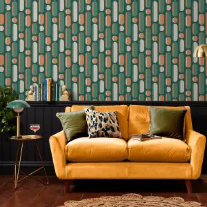 Envy Morse Bottle Tange Green Rust & Green Geometric Wallpaper