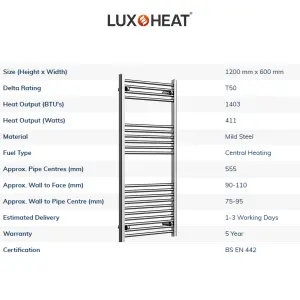 Towel Radiator Rail 1200 x 600 for Central Heating with Chrome Finish