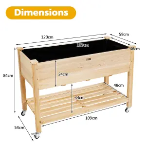 Costway Raised Garden Bed Wood Elevated Planter Bed w/Lockable Wheels Shelf & Liner