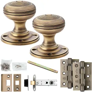 Mortice Door Knob & Latch Pack - Antique Brass - 50mm Smooth Ringed On Round Rose