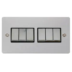 Flat Plate Polished Chrome 10A 6 Gang 2 Way Ingot Light Switch - Black Trim - SE Home