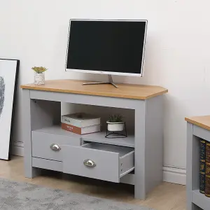 FurnitureHMD Corner TV Stand Unit Two Drawers Television Cabinet with Open Shelf Grey and Oak