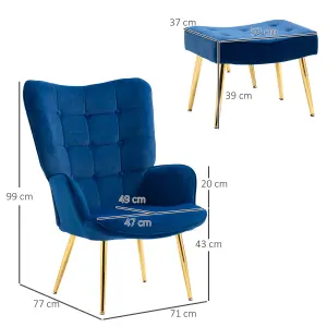 HOMCOM Upholstered Armchair with Footstool Set, Modern Button Tufted Accent Chair with Gold Tone Steel Legs, Wingback Chair, Blue