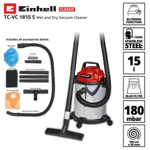 Einhell Electric Wet And Dry Vacuum Cleaner 15L Steel Tank 1250W Castor Wheels TC-VC 1815 S Corded Electric