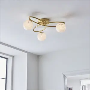 Satin Brass Semi Flush Low Ceiling Light - White Confetti Multi Arm Glass - 3 X 3W LED G9