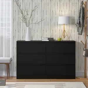 Carlton 6 Drawer Double Dresser - 3+3 Configuration, Scratch-Resistant, Handleless Design, Matte Finish. 12cm Deep Drawers Matt Black