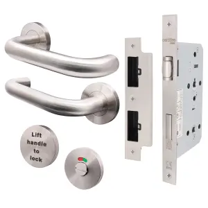 AFIT Lift to Lock Handle Set & DIN Lock for Bathroom / Toilet Cubicle Doors - Satin Stainless - for 60 Minute Fire Doors