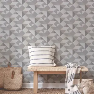 GoodHome Bretby Grey Metallic effect Geometric Smooth Wallpaper