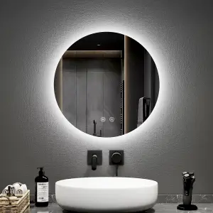 EMKE Round Bathroom Mirror with Led Lights, 500mm Wall Mounted Vanity Mirror with Touch, Demister and Memory Dimmable