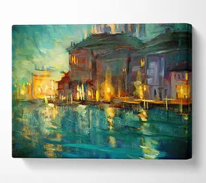 Water Reflections Town Lights Canvas Print Wall Art - Medium 20 x 32 Inches