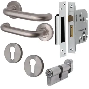 AFIT Satin Stainless Steel Return To Door Lever on Rose Handle Kit - Euro Cylinder Keyed Alike Set 57mm Backset