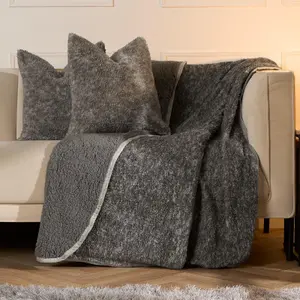 2 Pack Teddy Marl Fleece Cushion Covers, Charcoal - 45 x 45cm