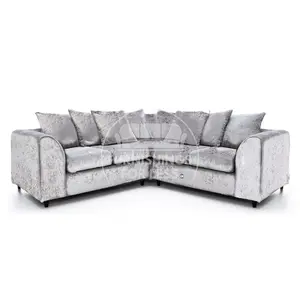 Crystal Crushed Velvet Fabric 5 Seater L Shaped Corner Sofa  Silver - Scatter Back