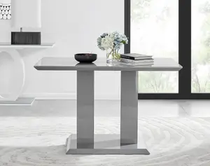 Imperia Grey High Gloss 4 Seater Dining Table with Structural 2 Plinth Column Legs 4 Grey Faux Leather Silver Leg Milan Chairs