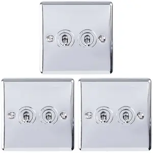 3 PACK 2 Gang Double Retro Toggle Light Switch POLISHED CHROME 10A 2 Way Plate