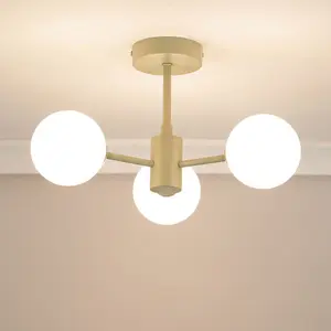 ValueLights Marlow Sage Green 3 Way Ceiling Light with White Frosted Glass Globe Lampshades