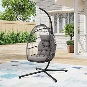 Grey Foldable Single Egg Chair Hanging Basket with Metal Bracket and Seat Cushion