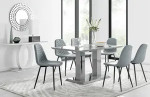 Imperia Grey High Gloss 6 Seater Dining Table with Structural 2 Plinth Column Legs 6 Grey Faux Leather Silver Leg Corona Chairs