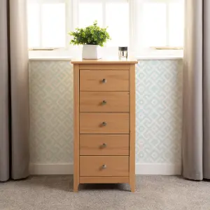 Oslo 5 Drawer Narrow Chest in Pine Finish with Metal Handles