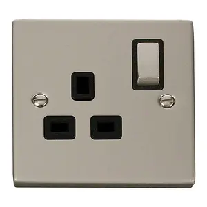 Pearl Nickel 1 Gang 13A DP Ingot Switched Plug Socket - Black Trim - SE Home