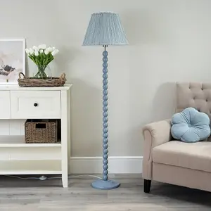 ValueLights Bobbles Powder Blue Bobbin Floor Lamp with Blue Pleated Shade