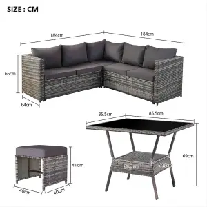 7 Seater Rattan Garden Patio Corner Sofa Set with High Glass Topped Dinning Table, for Indoor & Outdoor with Cushions, Grey