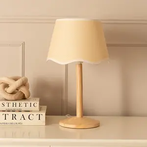 ValueLights Triston Natural Light Wood Stem Table Lamp with Scallop White Trim Tapered Lamp Shade and LED Bulb