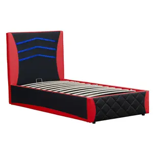 Galaxy Ottoman Storage LED Headboard Gaming Single Bed Frame (Black and Red)