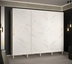 Bergen Contemporary 3 Sliding Door Wardrobe Gold Handles Marble Effect 9 Shelves 2 Rails White (H)2080mm (W)2500mm (D)620mm